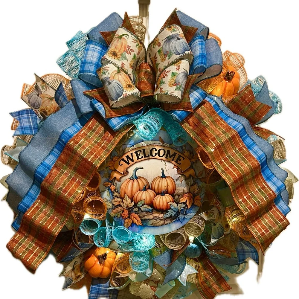 Handmade Fall Autumn Blue Thanksgiving Ribbon Welcome Door Wreath Leaf 22 in LED